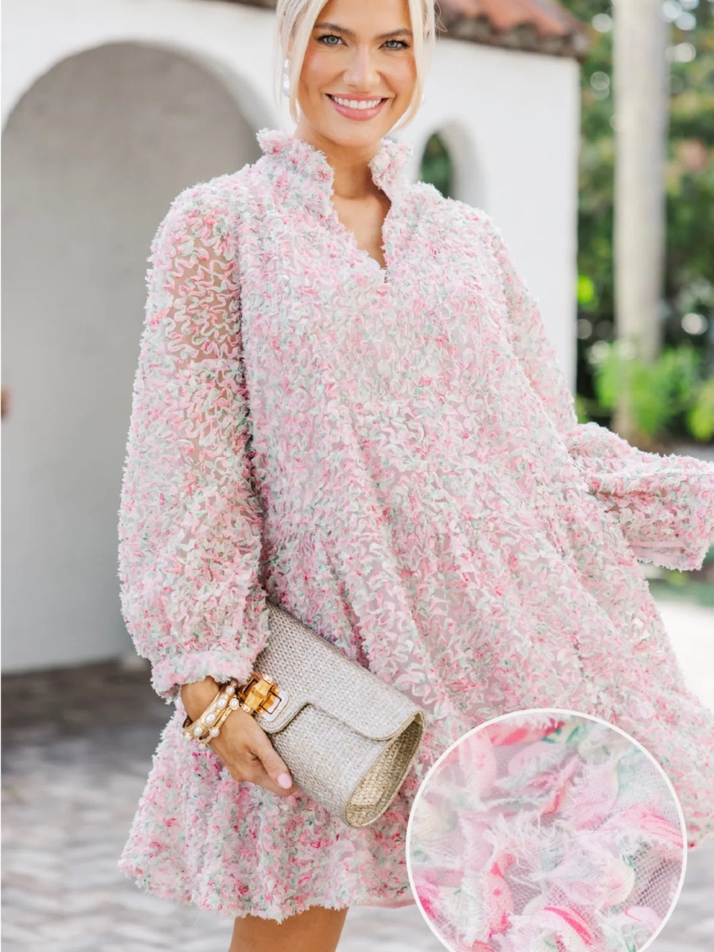 Textured Pink Floral Mini Dress with Ruffle Collar